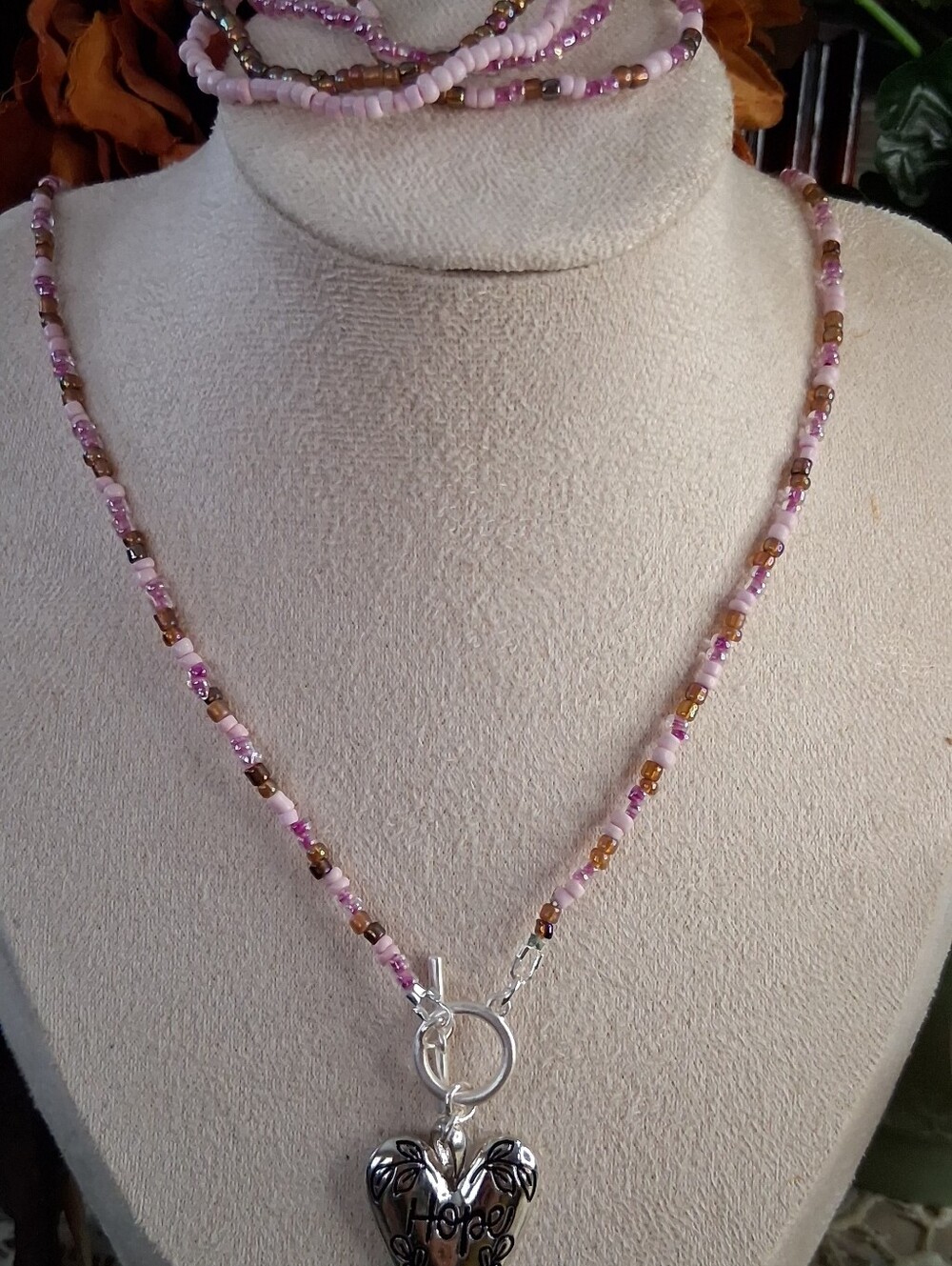 Hope Heart Pendant Pink Beaded Necklace